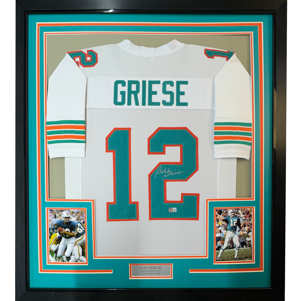 Framed Autographed/Signed Bob Griese 35x39 Miami White Football Jersey JSA COA