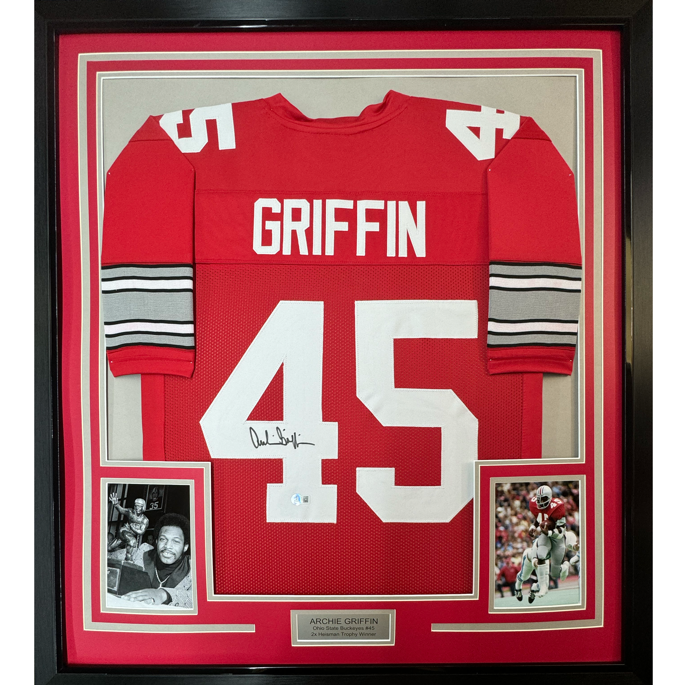 Framed Autographed/Signed Archie Griffin 35x39 Ohio State Red College Football Jersey Beckett BAS COA
