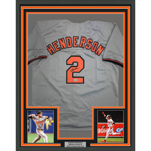 Framed Autographed/Signed Gunnar Henderson 35x39 Baltimore Grey Baseball Jersey Beckett BAS COA