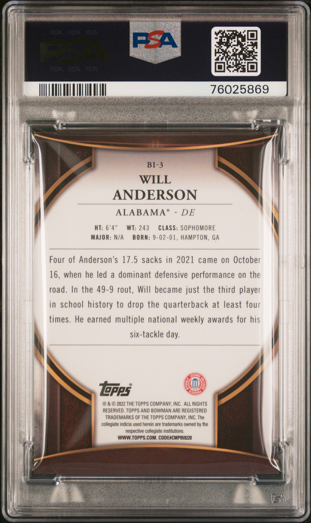 Graded 2022 Topps Bowman University Will Anderson #BI3 Bowman Invicta Rookie RC Football Card PSA 10 Gem Mint