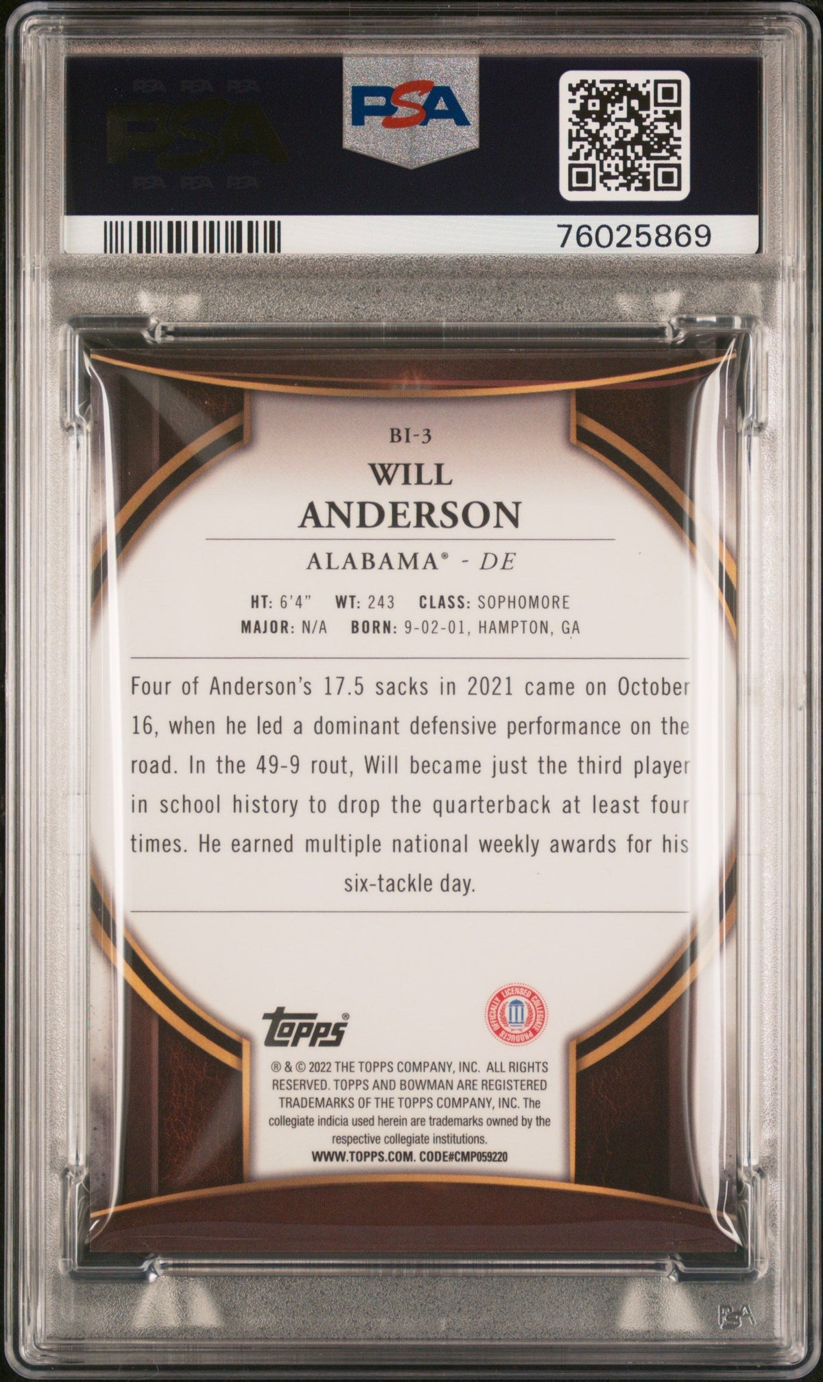Graded 2022 Topps Bowman University Will Anderson #BI3 Bowman Invicta Rookie RC Football Card PSA 10 Gem Mint