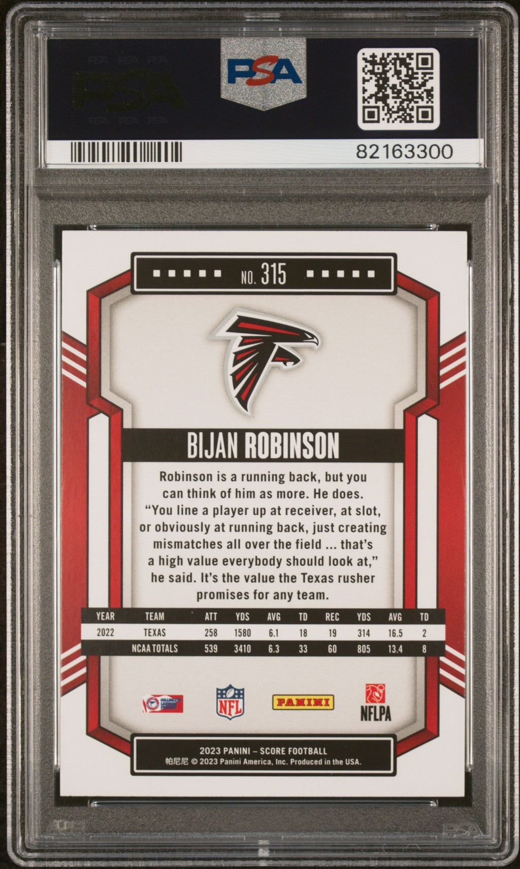 Graded 2023 Panini Score Bijan Robinson #315 Rookie RC Football Card PSA 10 Gem Mint