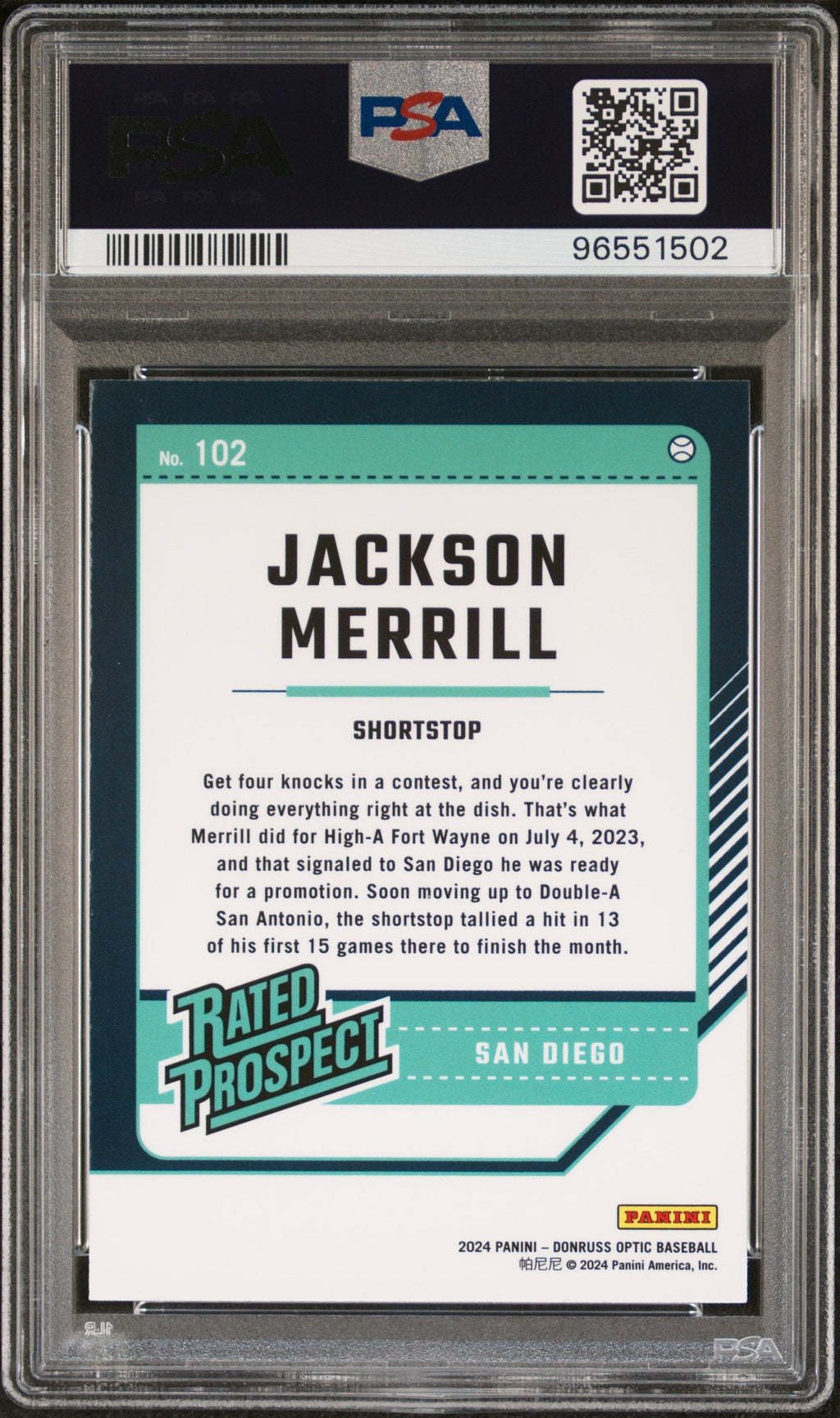 Graded 2024 Panini Donruss Jackson Merrill #102 Optic Rookie RC Baseball Card PSA 10 Gem Mint