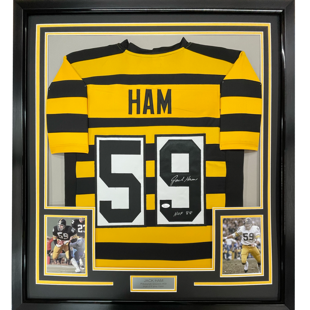 Framed Autographed/Signed Jack Ham HOF 88 35x39 Pittsburgh Bumble Bee Football Jersey JSA COA