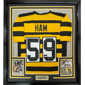 Framed Autographed/Signed Jack Ham HOF 88 35x39 Pittsburgh Bumble Bee Football Jersey JSA COA