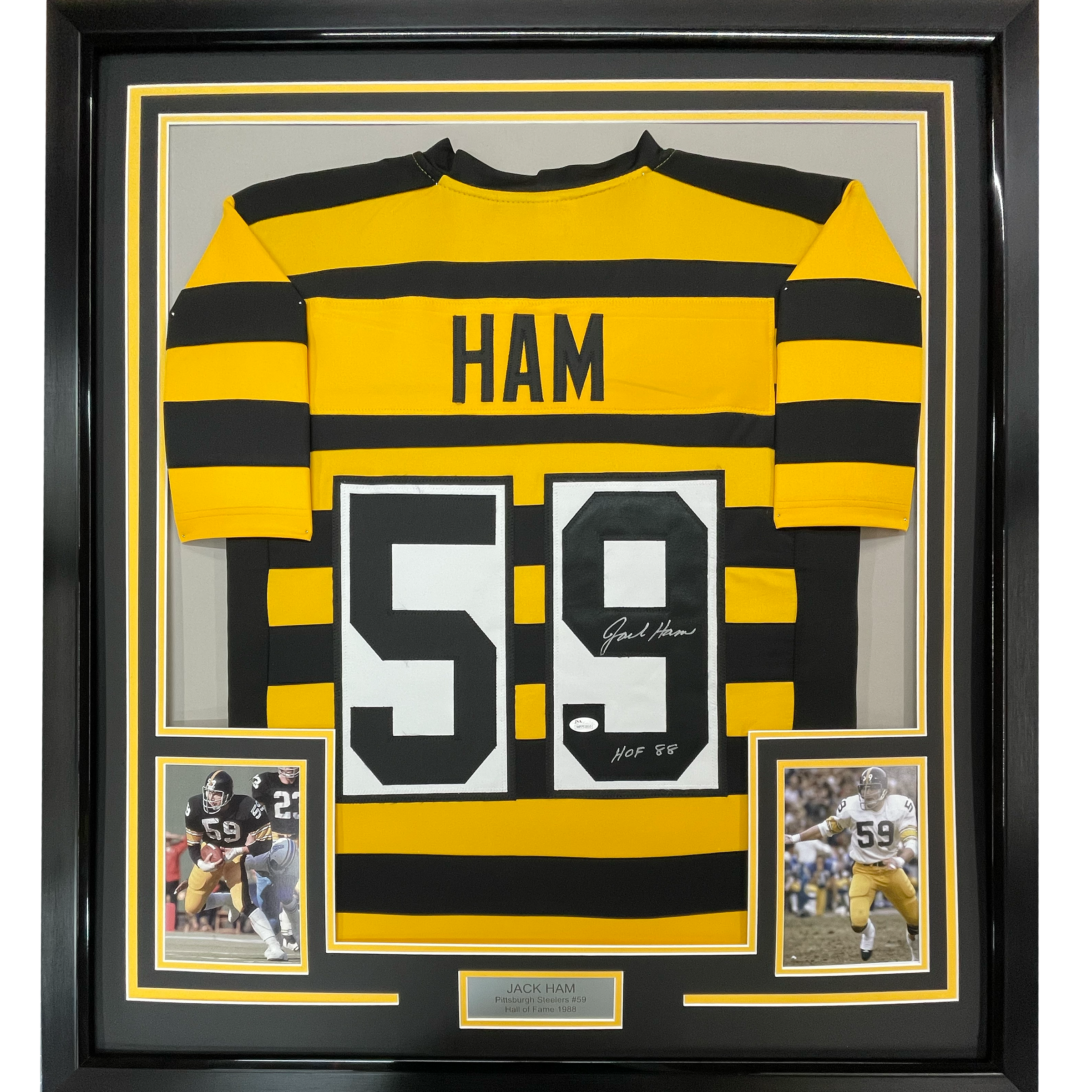 Framed Autographed/Signed Jack Ham HOF 88 35x39 Pittsburgh Bumble Bee Football Jersey JSA COA
