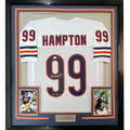 Framed Autographed/Signed Dan Hampton 35x39 HOF 2002 Chicago White Football Jersey JSA COA