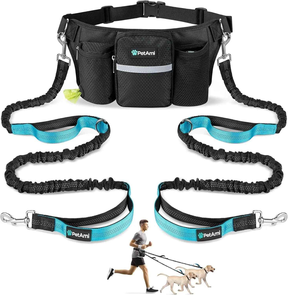 Hands Free Dog Leash Dual Bungee Waist Belt for 2 Dogs
