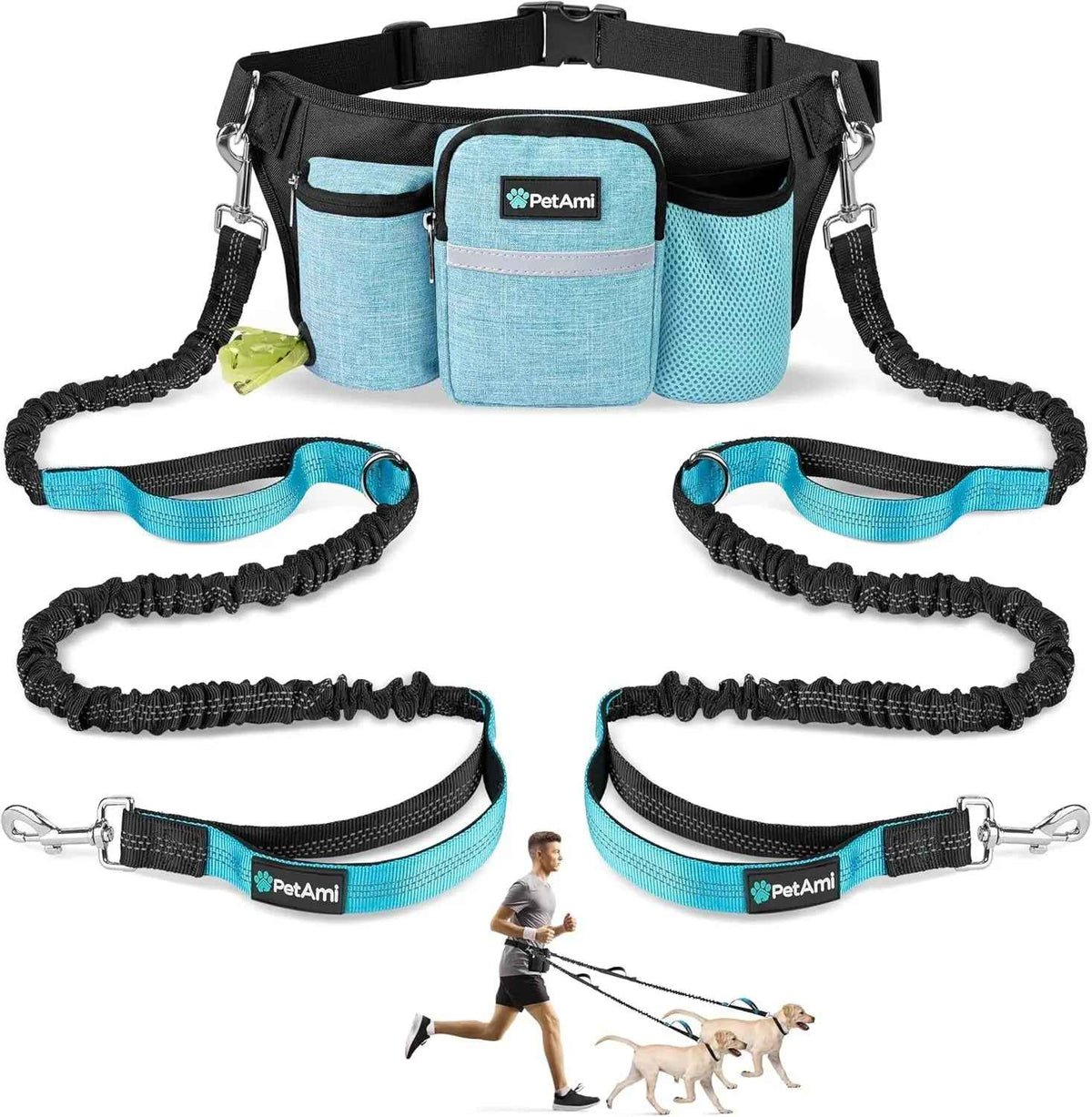 Hands Free Dog Leash Dual Bungee Waist Belt for 2 Dogs