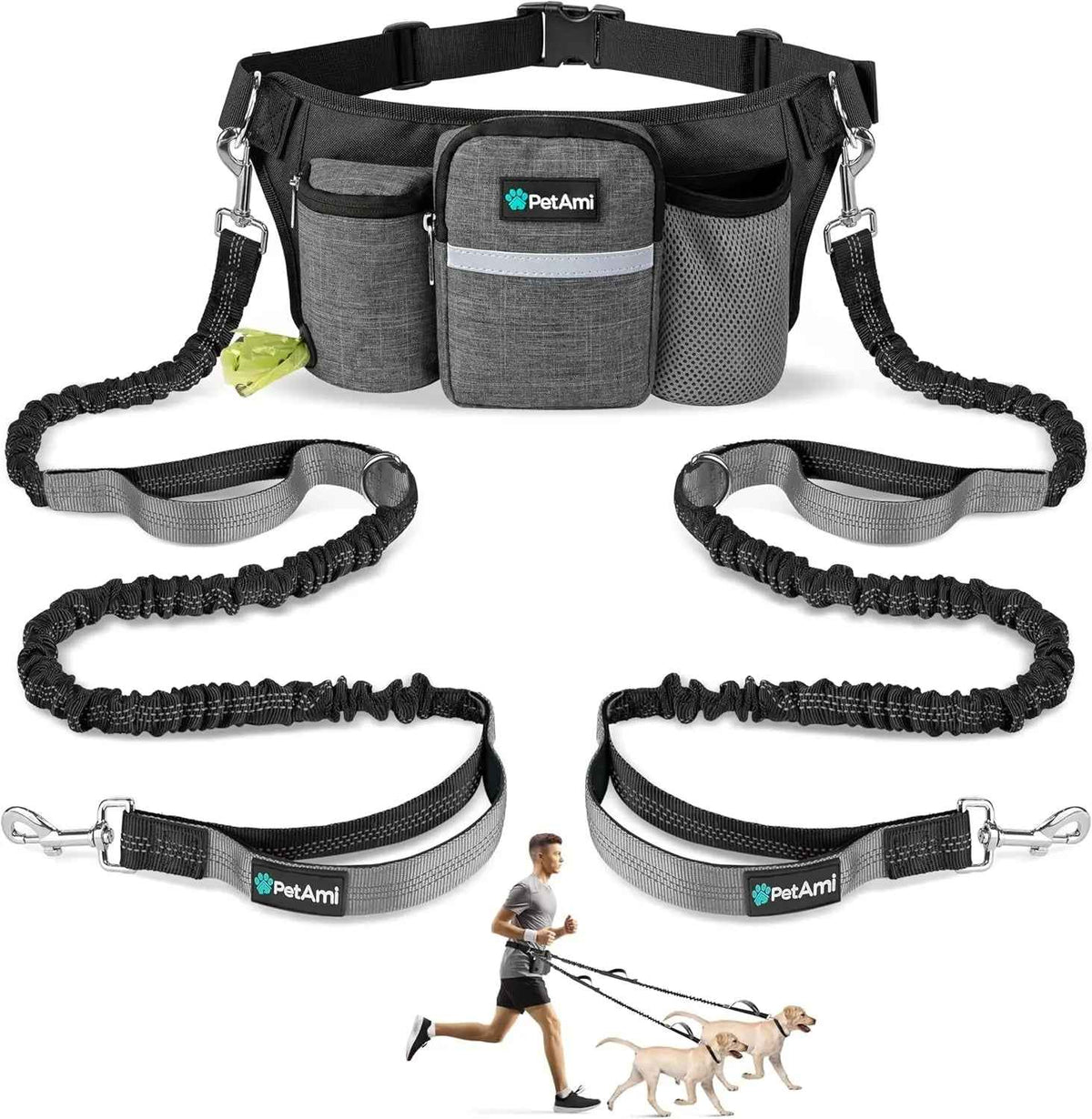 Hands Free Dog Leash Dual Bungee Waist Belt for 2 Dogs