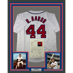 Framed Autographed/Signed Hank Henry Aaron 35x39 Atlanta White Baseball Jersey JSA COA/LOA