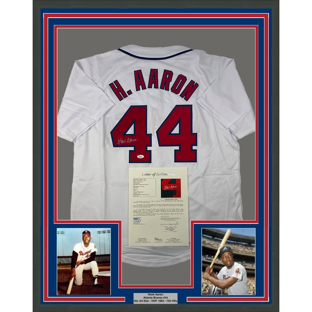 Framed Autographed/Signed Hank Henry Aaron 35x39 Atlanta White Baseball Jersey JSA COA/LOA