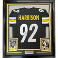 Framed Autographed/Signed James Harrison 35x39 Pittsburgh Black Football Jersey Beckett BAS COA