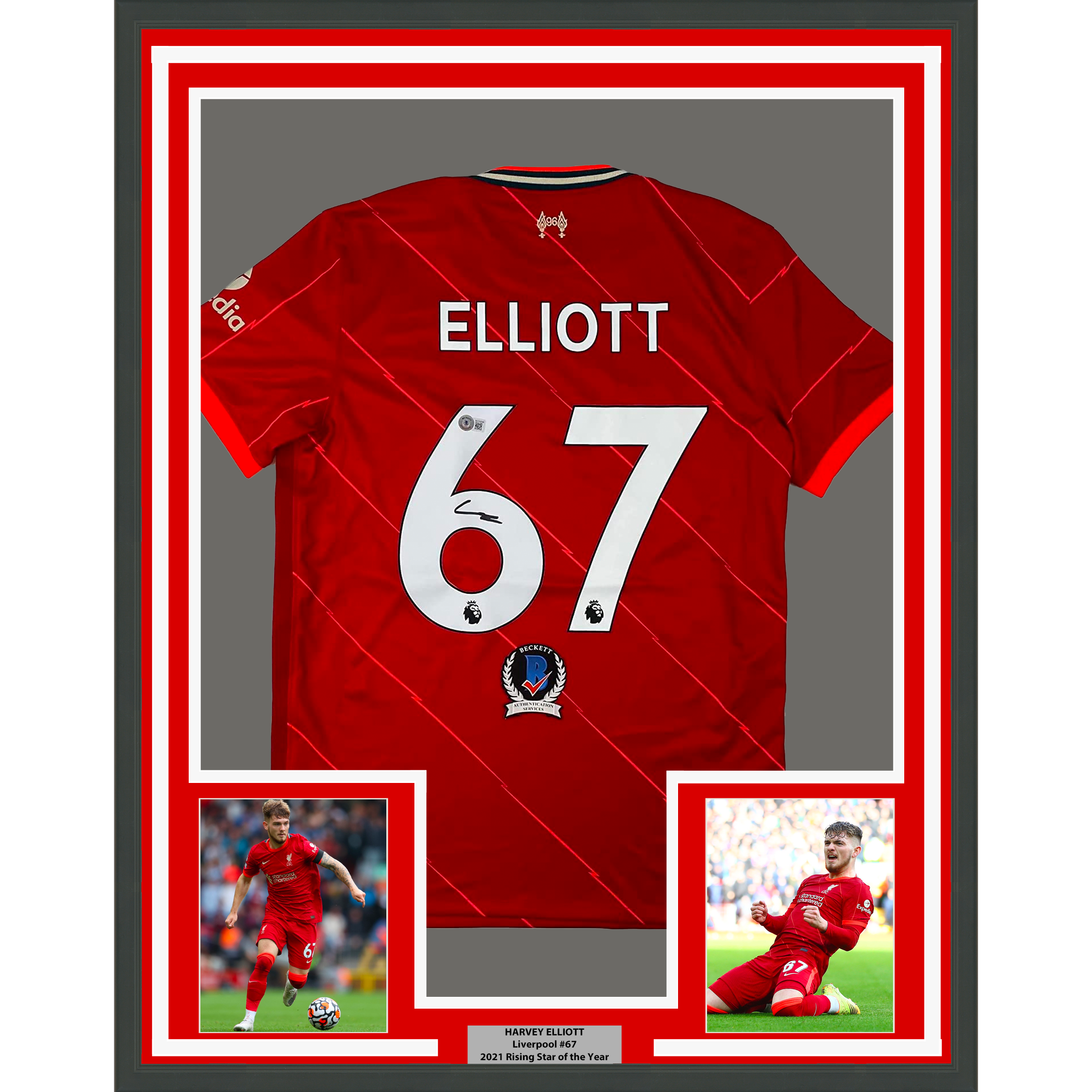 Framed Autographed/Signed Harvey Elliott 35x39 Liverpool Red Soccer Jersey Beckett BAS COA