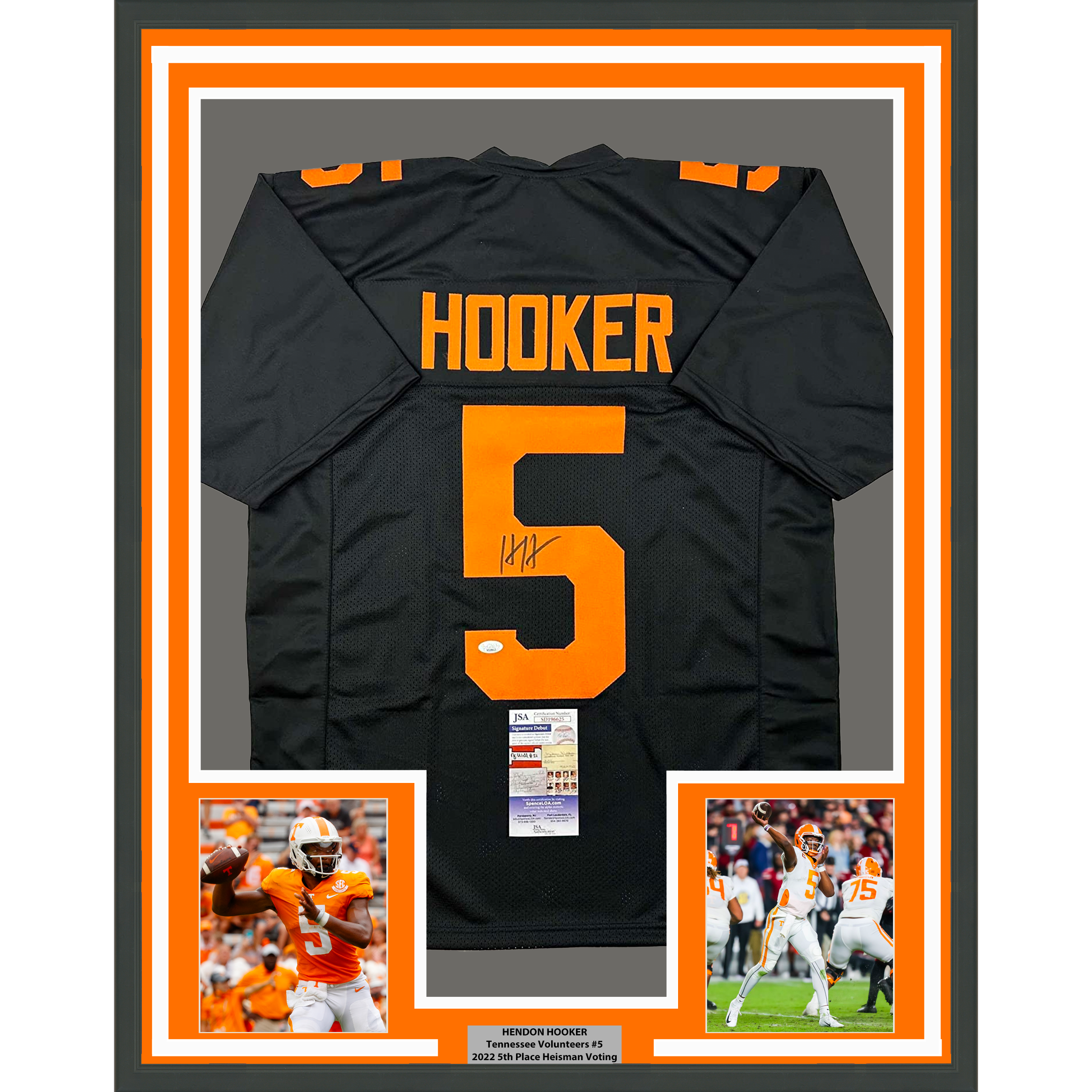 Framed Autographed/Signed Hendon Hooker 35x39 Tennessee Black College Football Jersey JSA COA