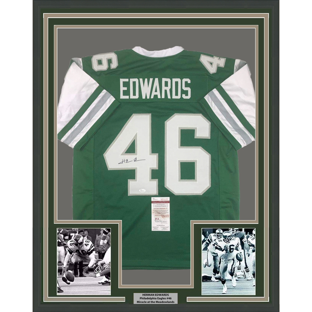 Framed Autographed/Signed Herman Herm Edwards 35x39 Philadelphia Green Football Jersey JSA COA