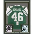Framed Autographed/Signed Herman Herm Edwards 35x39 Philadelphia Green Football Jersey JSA COA