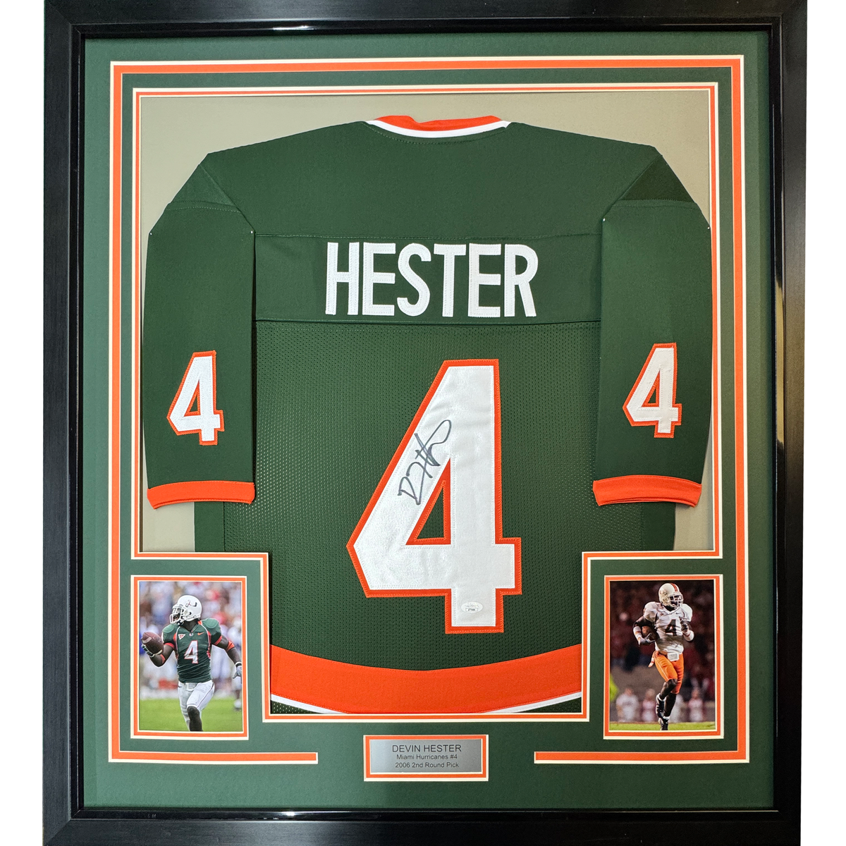 Framed Autographed/Signed Devin Hester 35x39 Miami Green College Football Jersey JSA COA