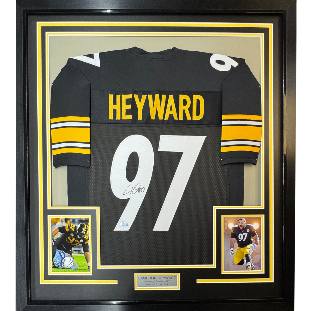 Framed Autographed/Signed Cameron Cam Heyward 35x39 Pittsburgh Black Football Jersey JSA COA