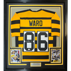 Framed Autographed/Signed Hines Ward 35x39 Pittsburgh Bumble Bee Football Jersey JSA COA