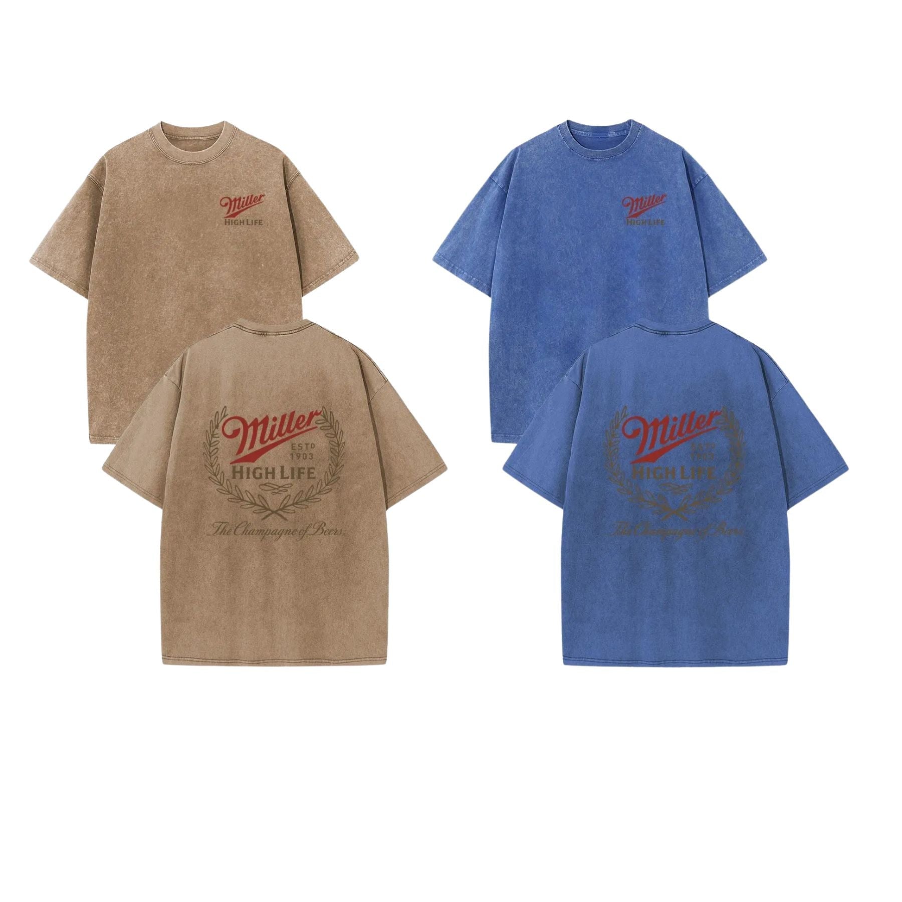 Holafish Miller High Life Acid Wash T-Shirt – Champagne of Beers Double-Sided Graphic Tee, Retro Lightweight Cotton Streetwear