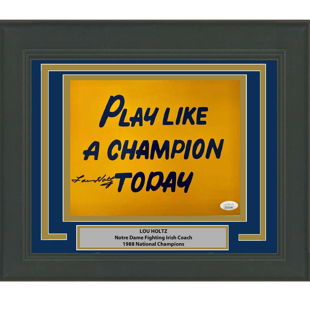 Framed Autographed/Signed Lou Holtz Play Like A Champion Today Notre Dame Irish 8x10 College Football Photo JSA COA