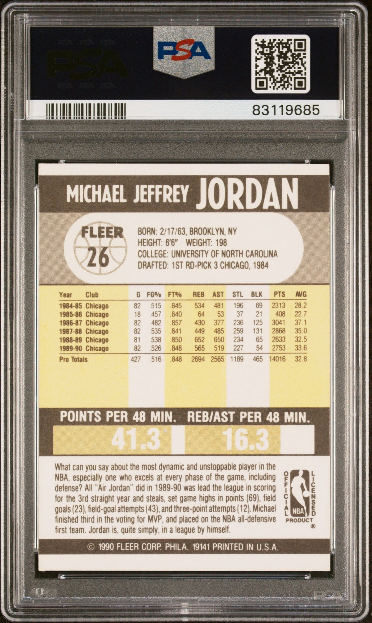Graded 1990 Fleer Michael Jordan #26 Basketball Card PSA 9ST Mint