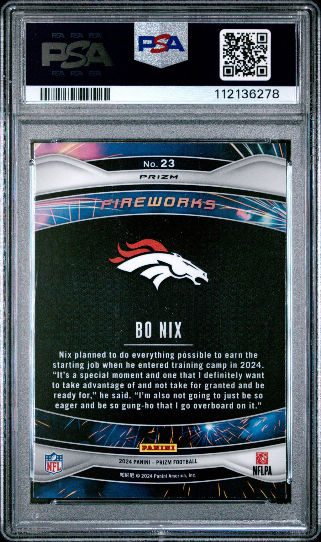 Graded 2024 Panini Prizm Bo Nix #23 Fireworks Green Wave Rookie RC Football Card PSA 10 Gem Mint