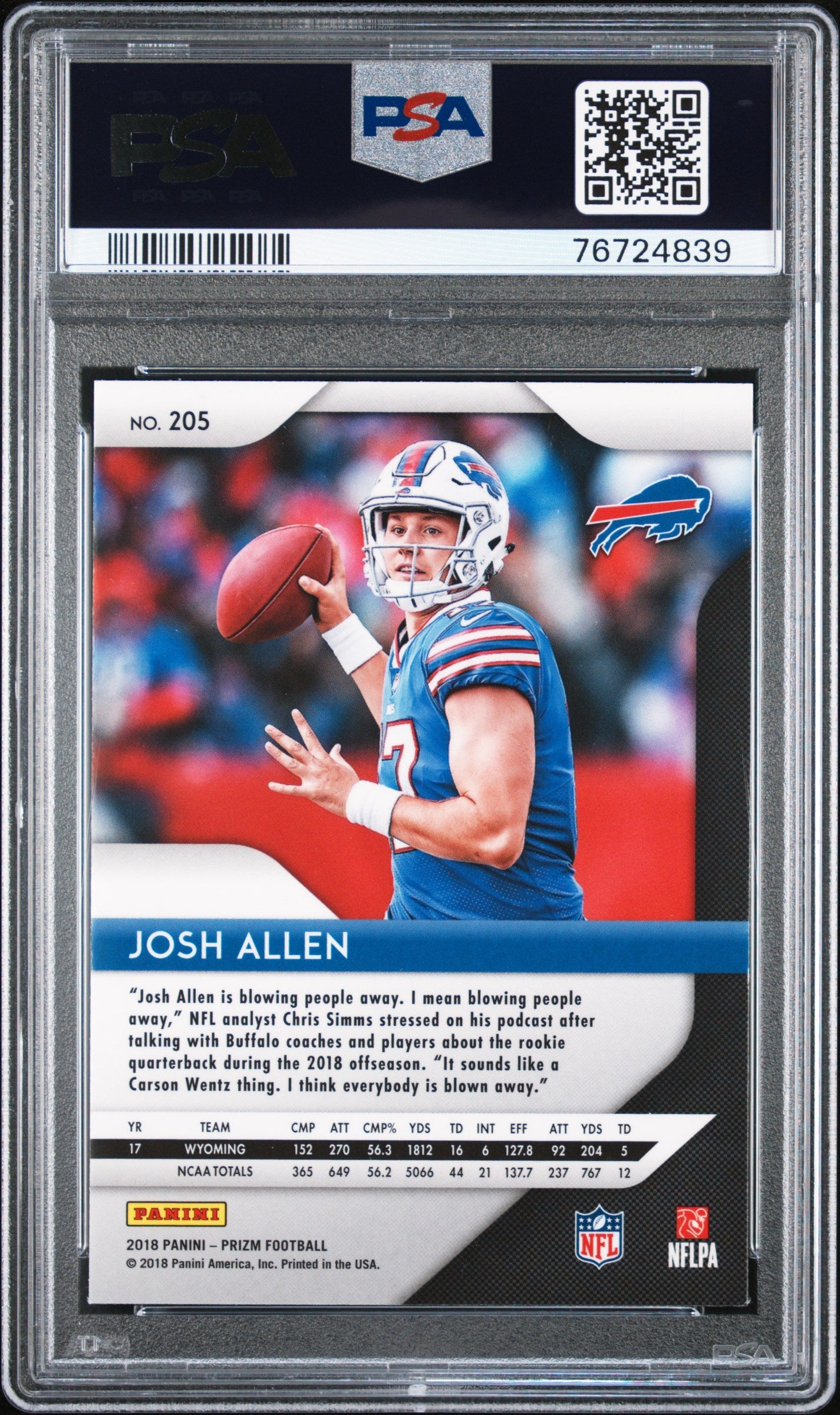 Graded 2018 Panini Prizm Josh Allen #205 Rookie RC Football Card PSA 9 Mint