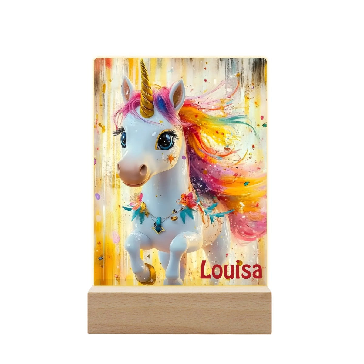 Personalized Unicorn Night Light for Kids - Wooden Base