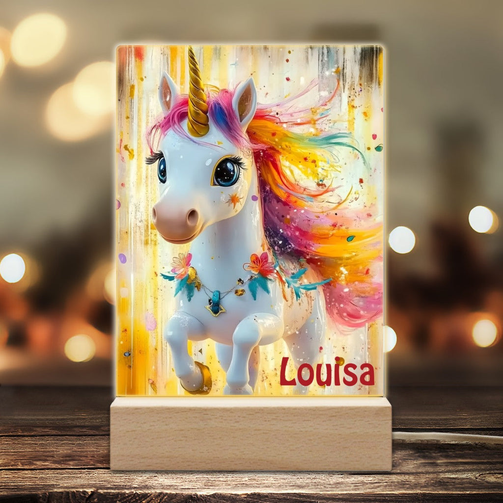 Personalized Unicorn Night Light for Kids - Wooden Base