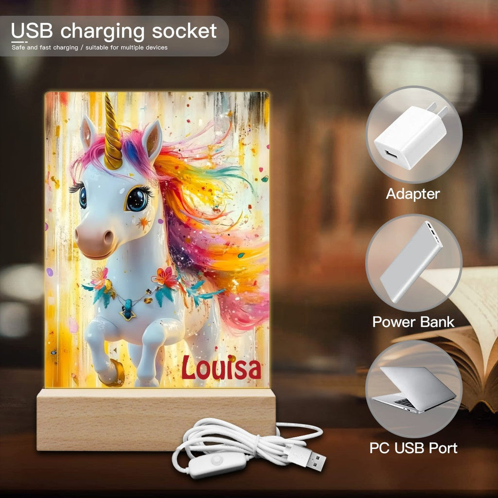 Personalized Unicorn Night Light for Kids - Wooden Base
