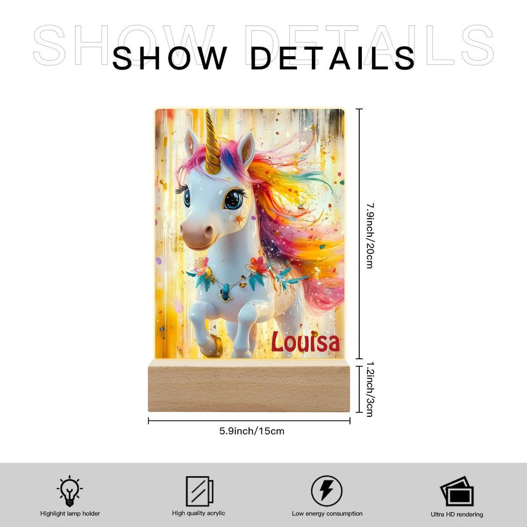 Personalized Unicorn Night Light for Kids - Wooden Base