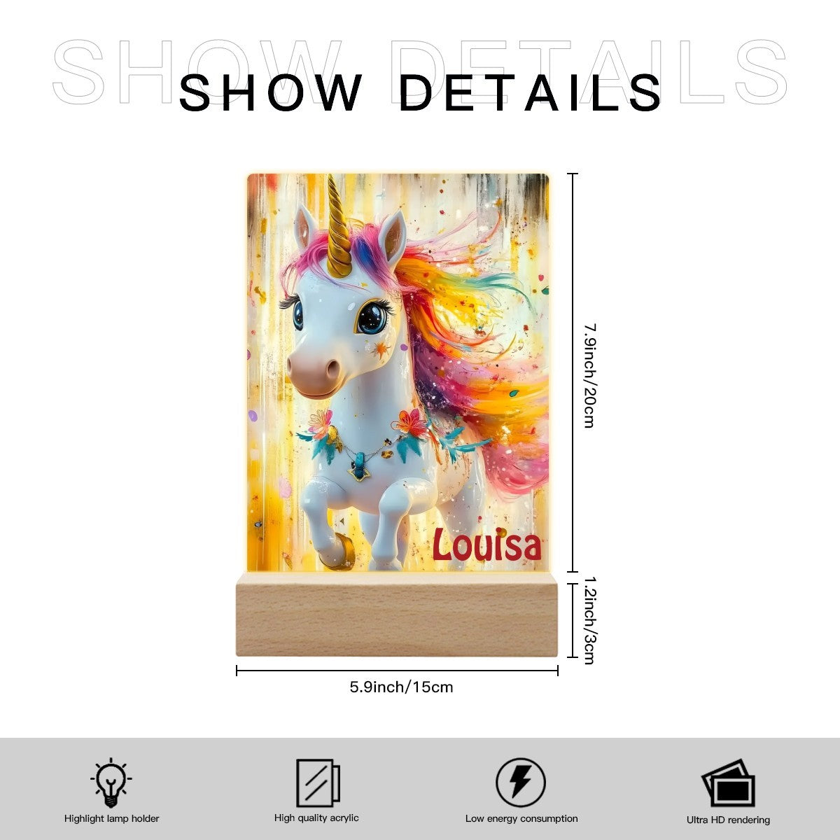 Personalized Unicorn Night Light for Kids - Wooden Base