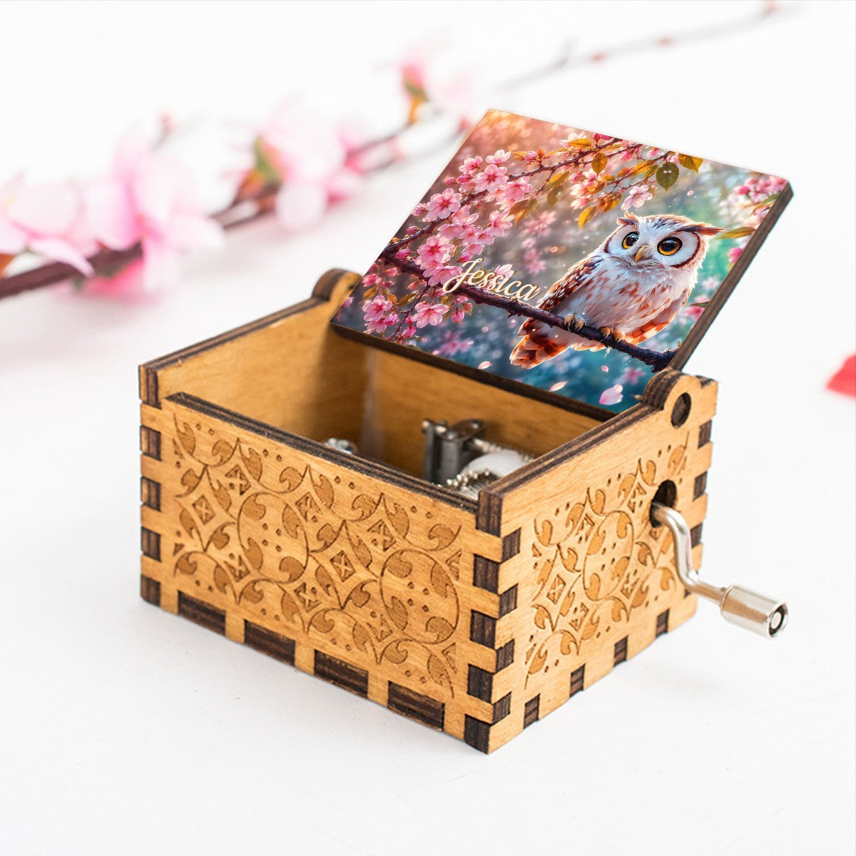 Personalized Music Box with Owl & Cherry Blossoms — You Are My Sunshine