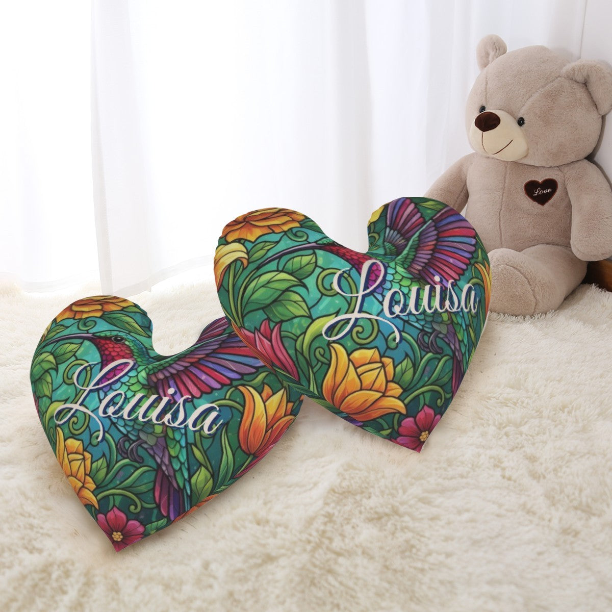 Personalized Hummingbird Heart Pillow | Custom Name Gift | Plush PP cotton filling