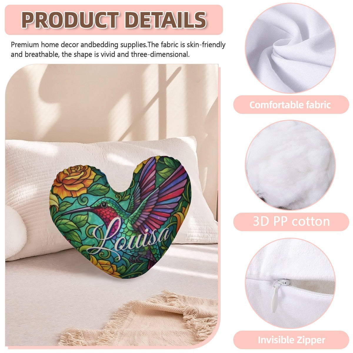 Personalized Hummingbird Heart Pillow | Custom Name Gift | Plush PP cotton filling