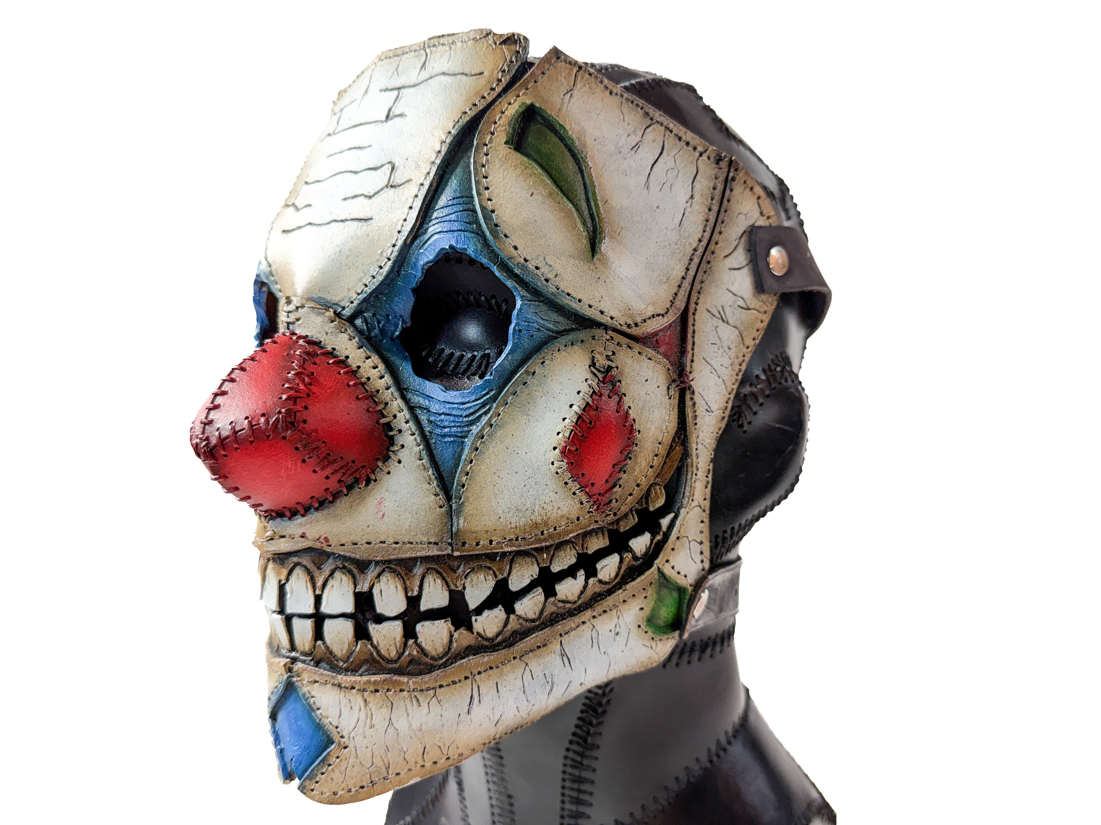 Genuine Leather Mask - Toy Clown - Thick Straps w Velcro Included - Wide Mouth Edition