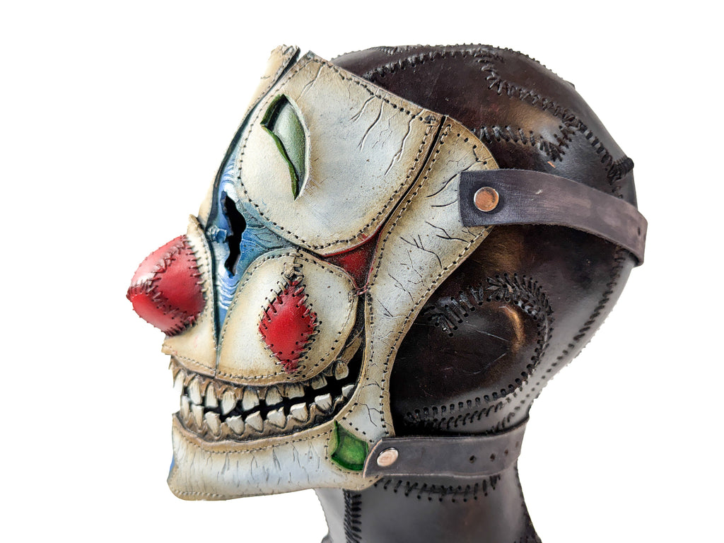 Genuine Leather Mask - Toy Clown - Thick Straps w Velcro Included - Wide Mouth Edition