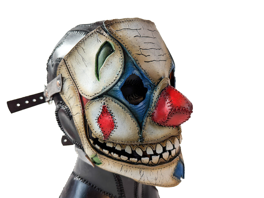Genuine Leather Mask - Toy Clown - Thick Straps w Velcro Included - Wide Mouth Edition
