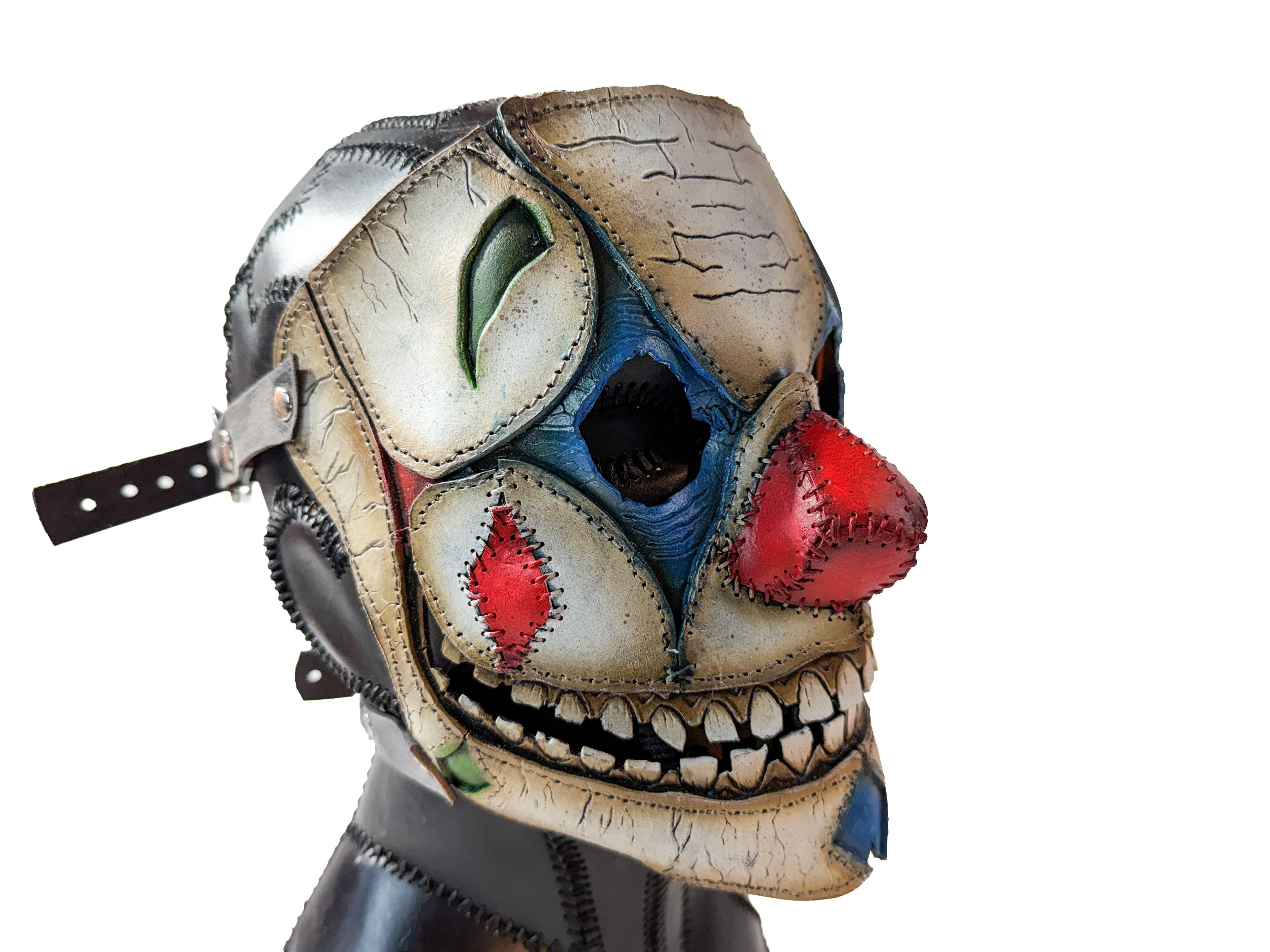 Genuine Leather Mask - Toy Clown - Thick Straps w Velcro Included - Wide Mouth Edition