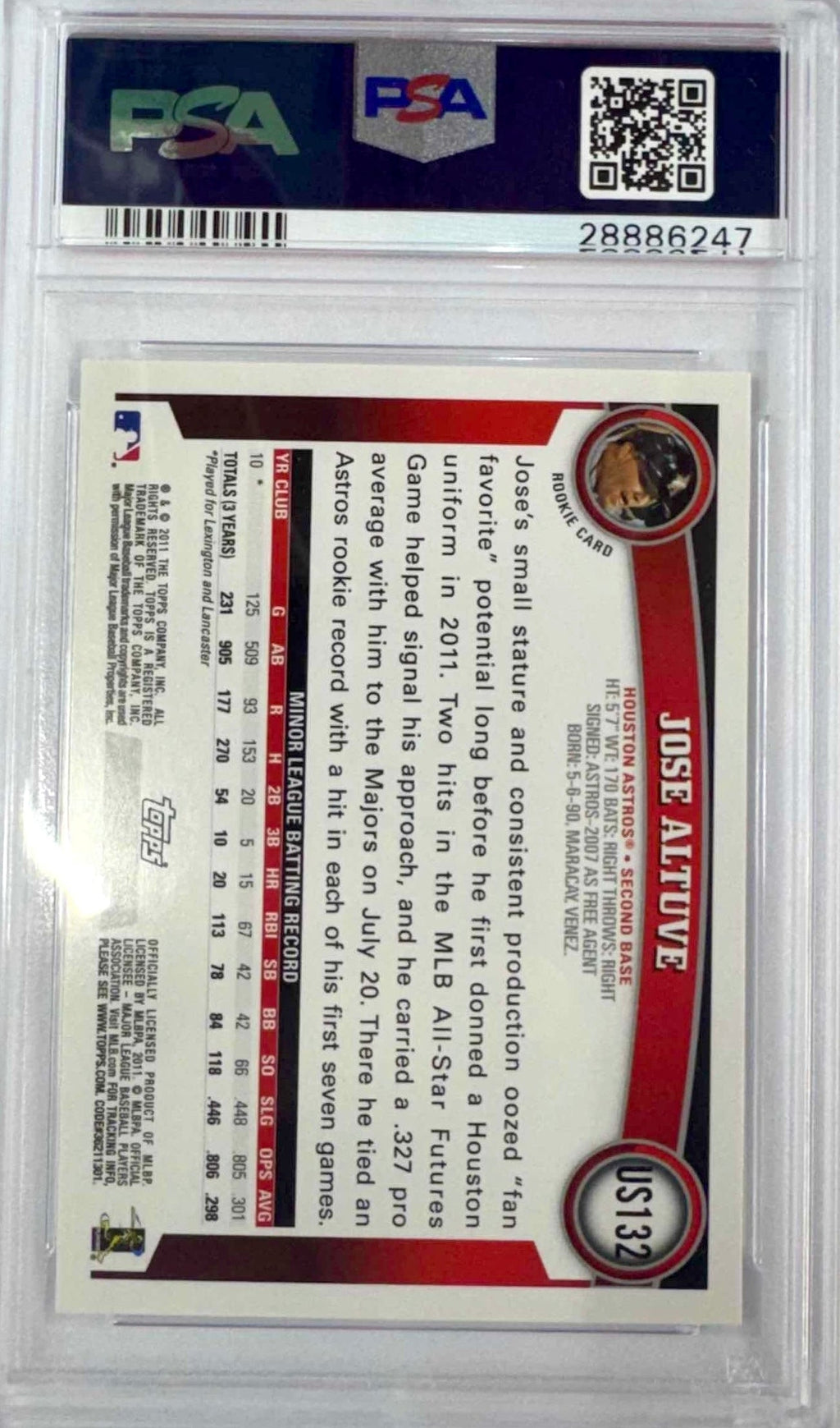 Graded 2011 Topps Update Jose Altuve #US132 Rookie RC Baseball Card PSA 10 Gem Mint