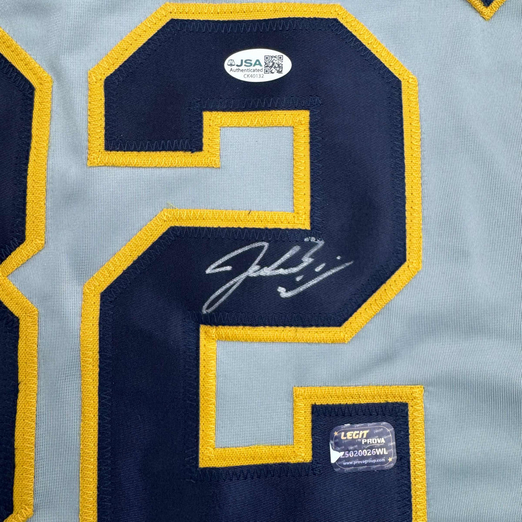Framed Autographed/Signed Jacob Misiorowski 35x39 Milwaukee Grey Baseball Jersey JSA COA
