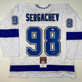 Autographed/Signed Mikhail Sergachev Tampa Bay White Hockey Jersey JSA COA
