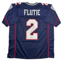 Autographed/Signed Doug Flutie New England Blue Football Jersey Beckett BAS COA