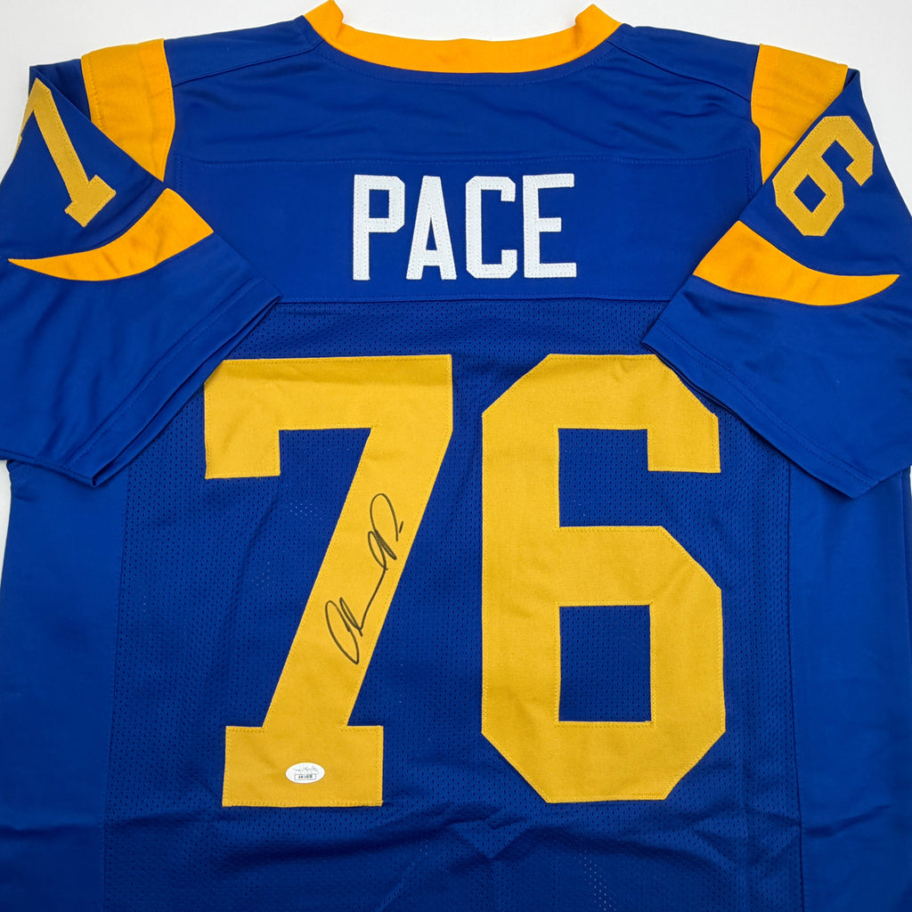 Autographed/Signed Orlando Pace St. Louis Retro Blue Football Jersey JSA COA