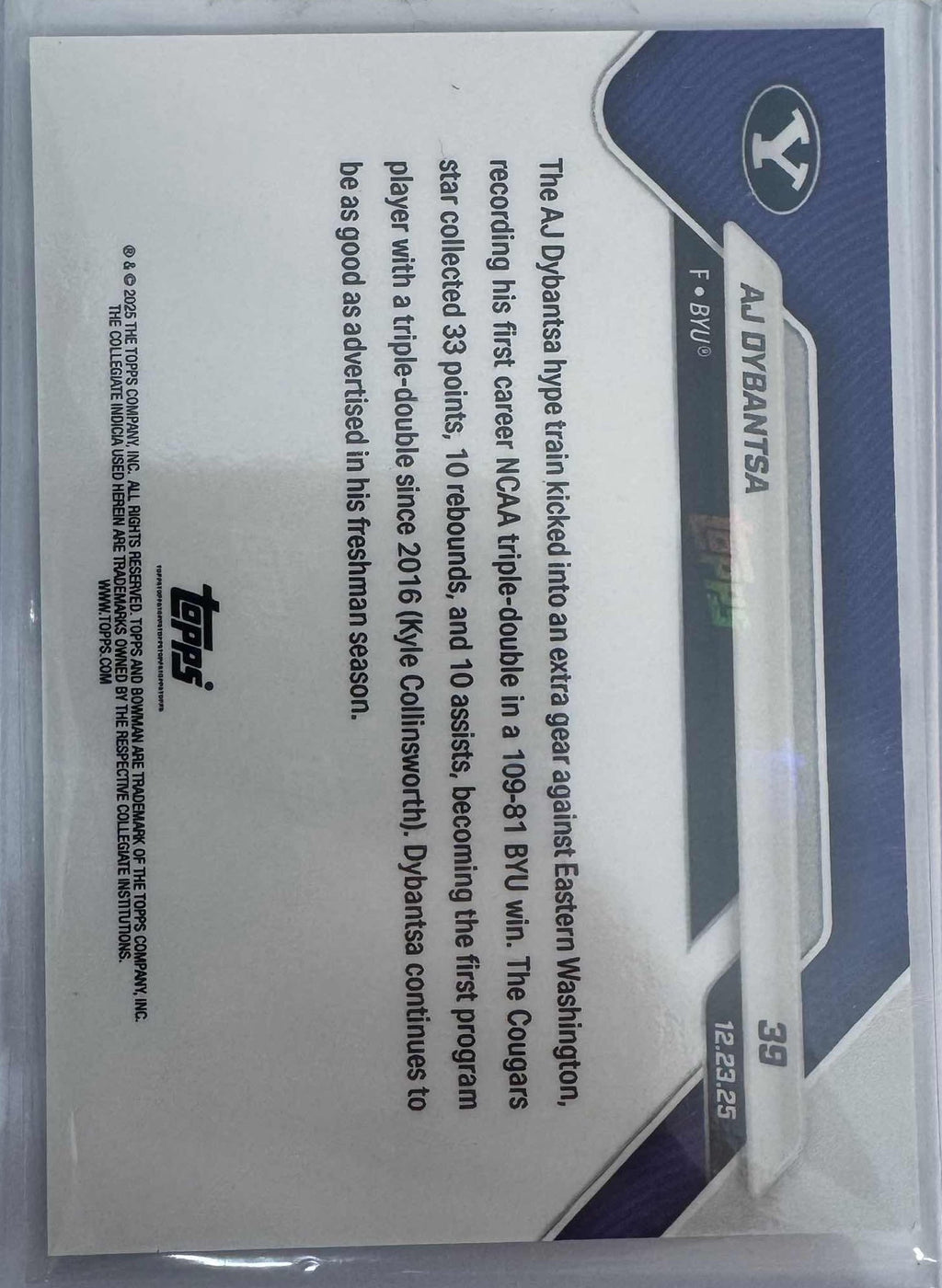 2025 Topps Bowman U Now AJ Dybantsa #39 Gold Foil /50 BYU Cougars Rookie RC Basketball Card
