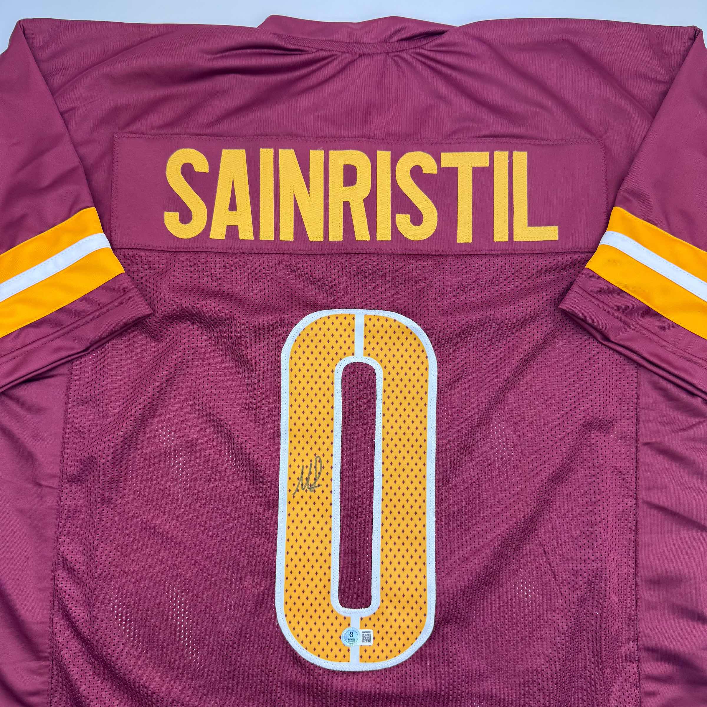 Autographed/Signed Mike Sainristil Washington Burgundy Football Jersey Beckett BAS COA