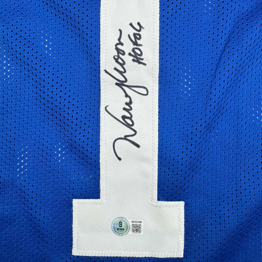 Autographed/Signed Warren Moon HOF 06 Seattle Blue Retro Football Jersey Beckett BAS COA