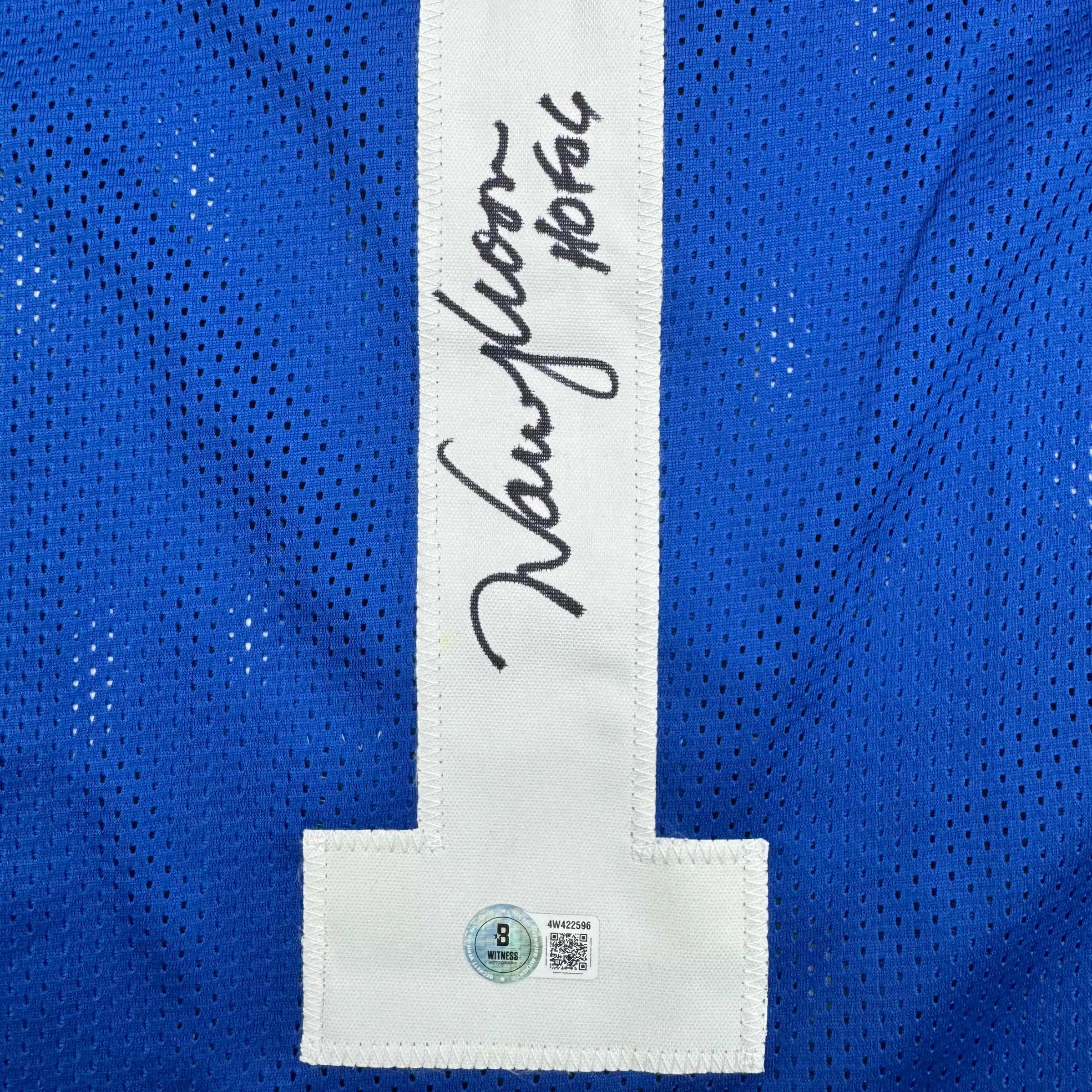 Autographed/Signed Warren Moon HOF 06 Seattle Blue Retro Football Jersey Beckett BAS COA
